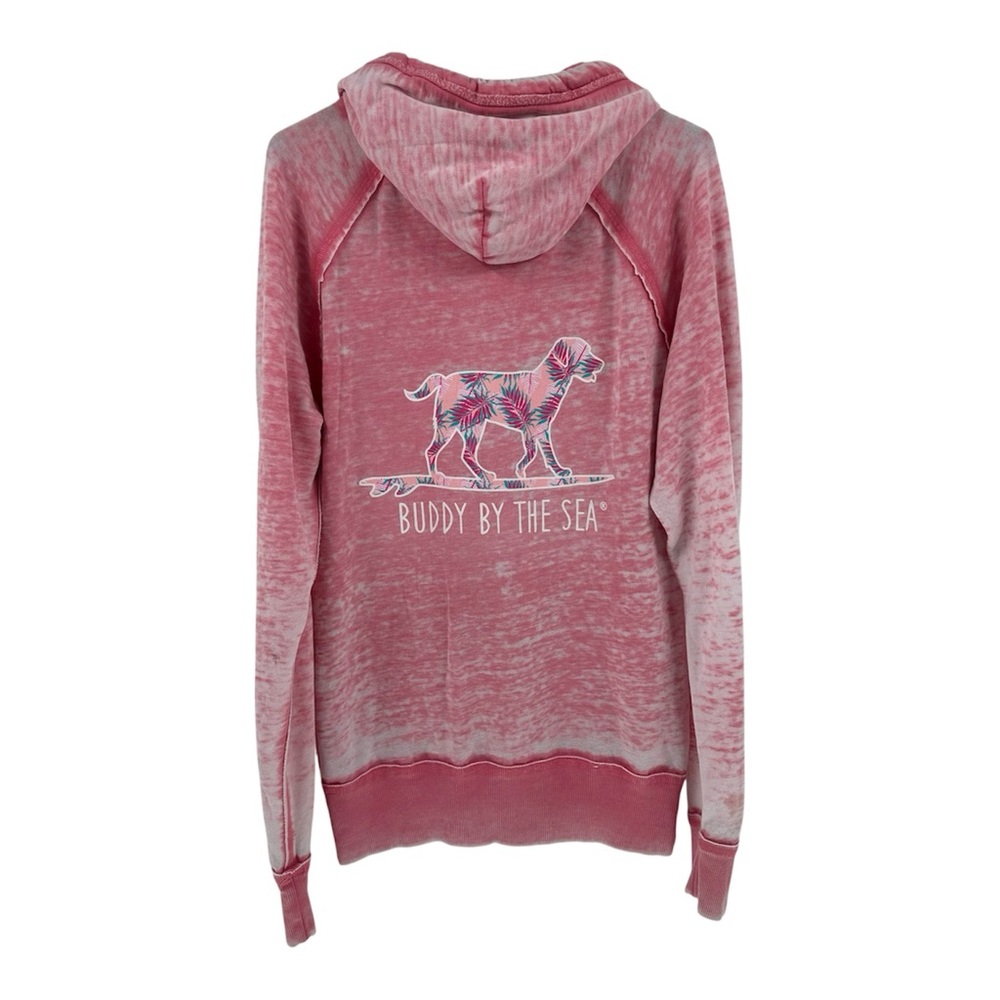 Buddy by the Sea Hoodie Sz M Pink Dog Surfboard Graphic V-Neck Thumbholes Beach